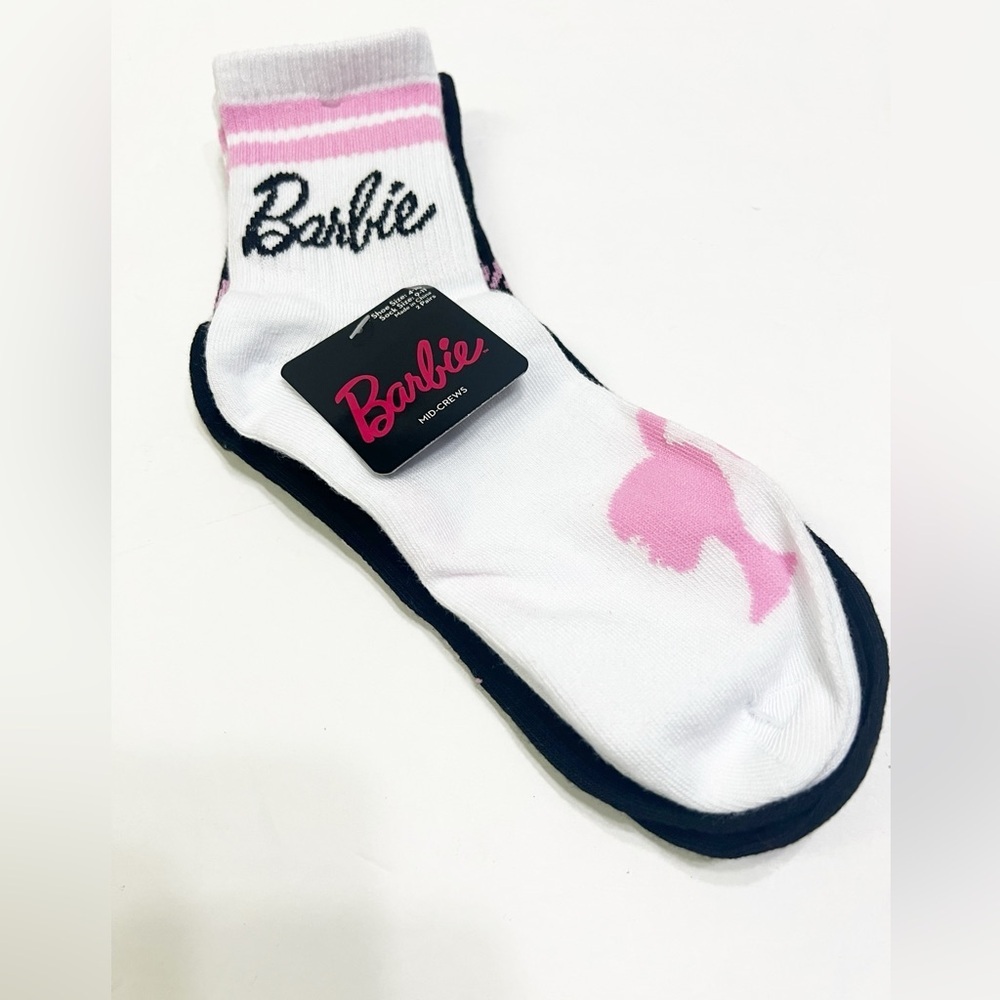 Barbie Mid Crew Socks Two pair White Black & Pink All Over Barbie Print Mattel